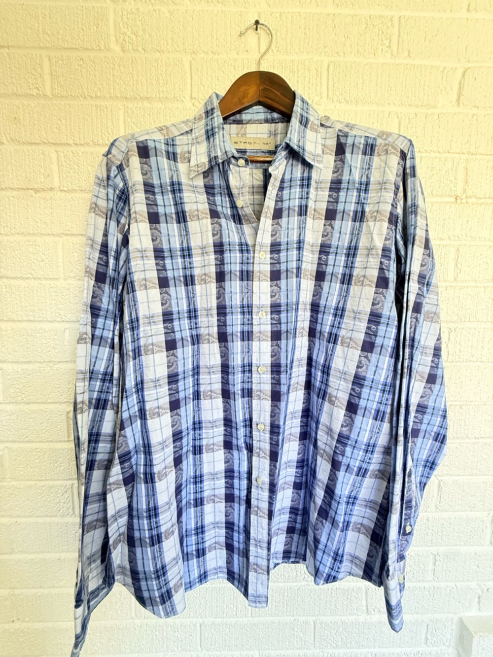 Etro Blue and White Plaid Casual Button-Down Shirt